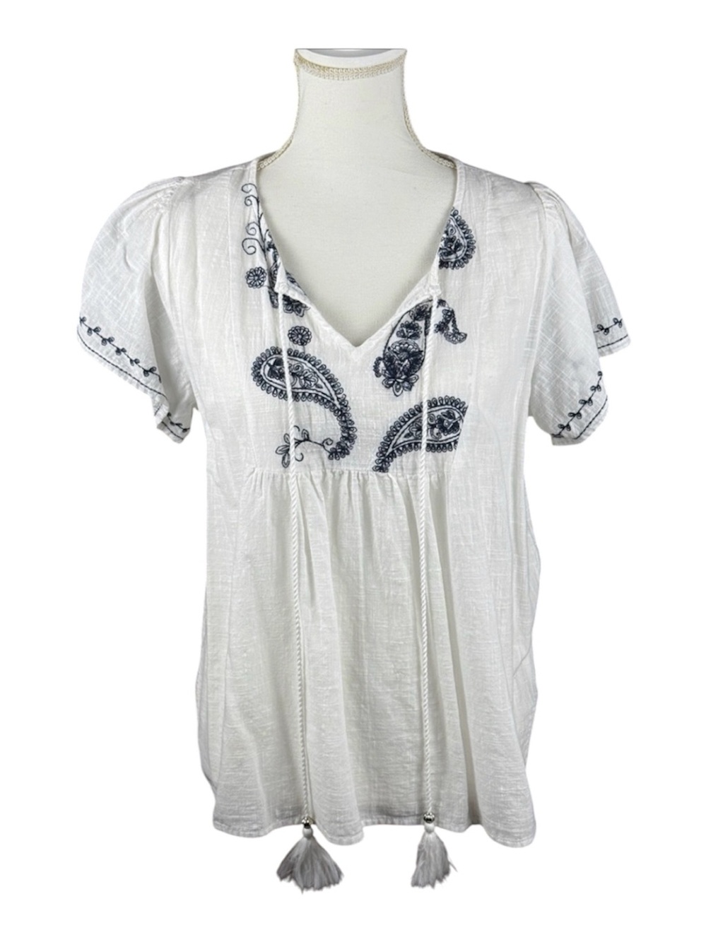Unique Spectrum White Peasant Top Boho 100% Cotton